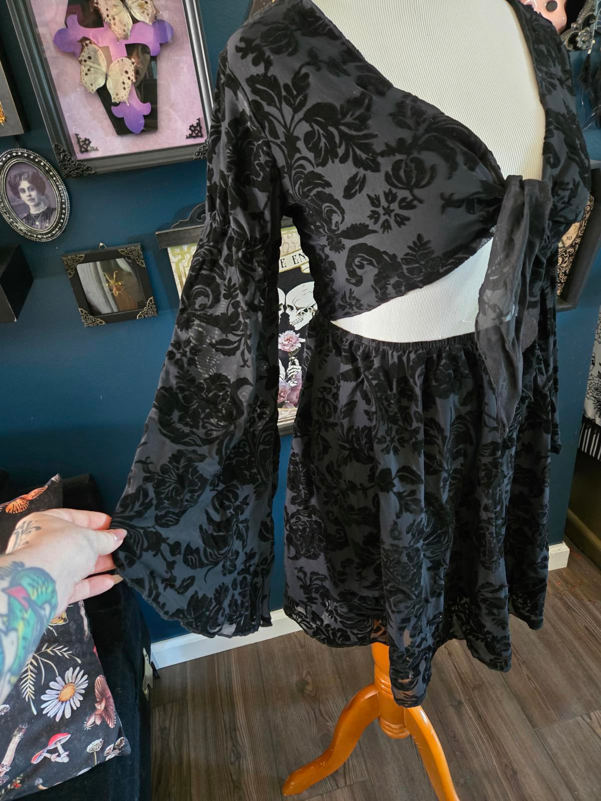 Black gothic whimsygoth tie front flocked dress