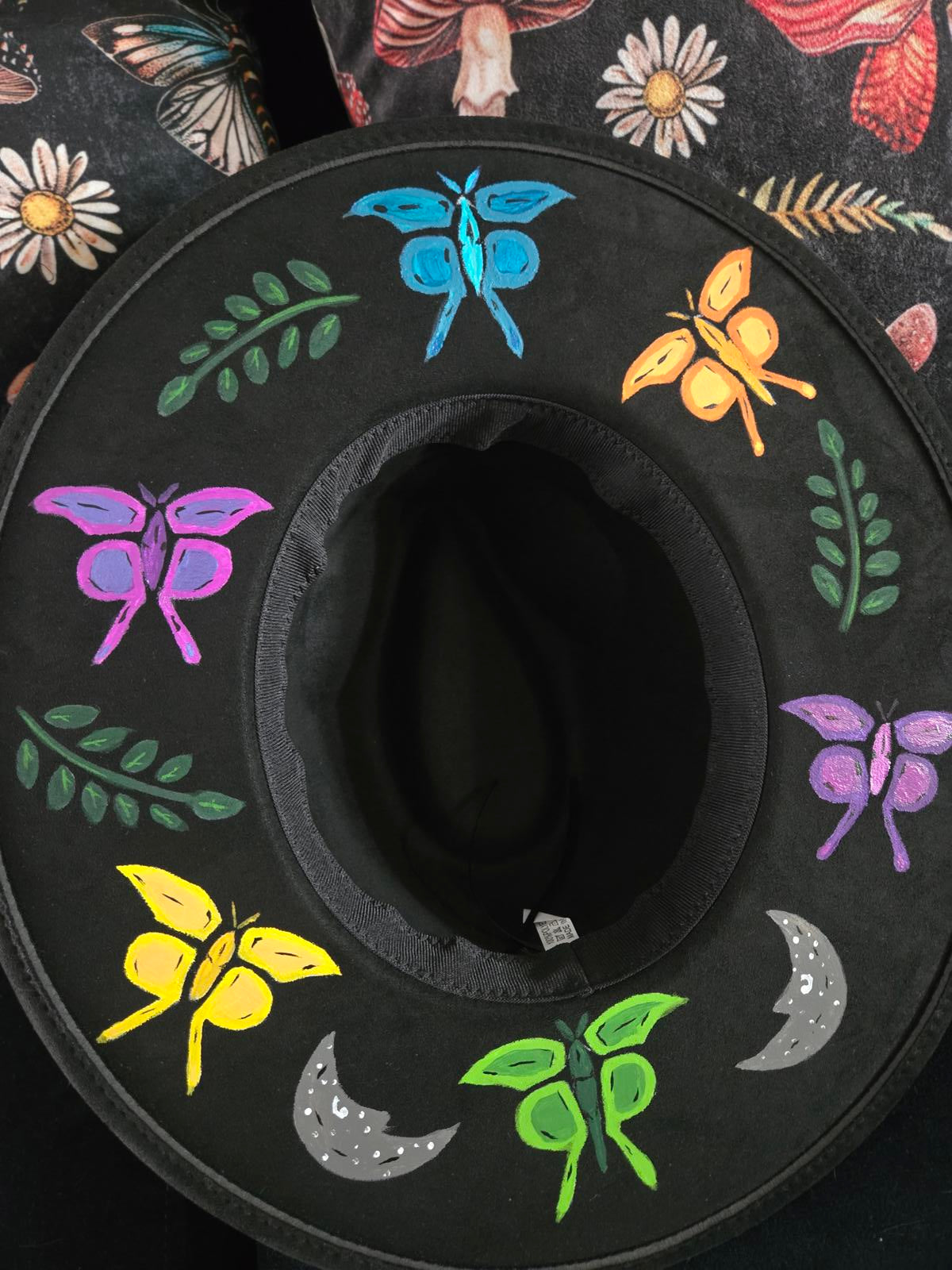 Hand painted fern and butterfly wide brim hat