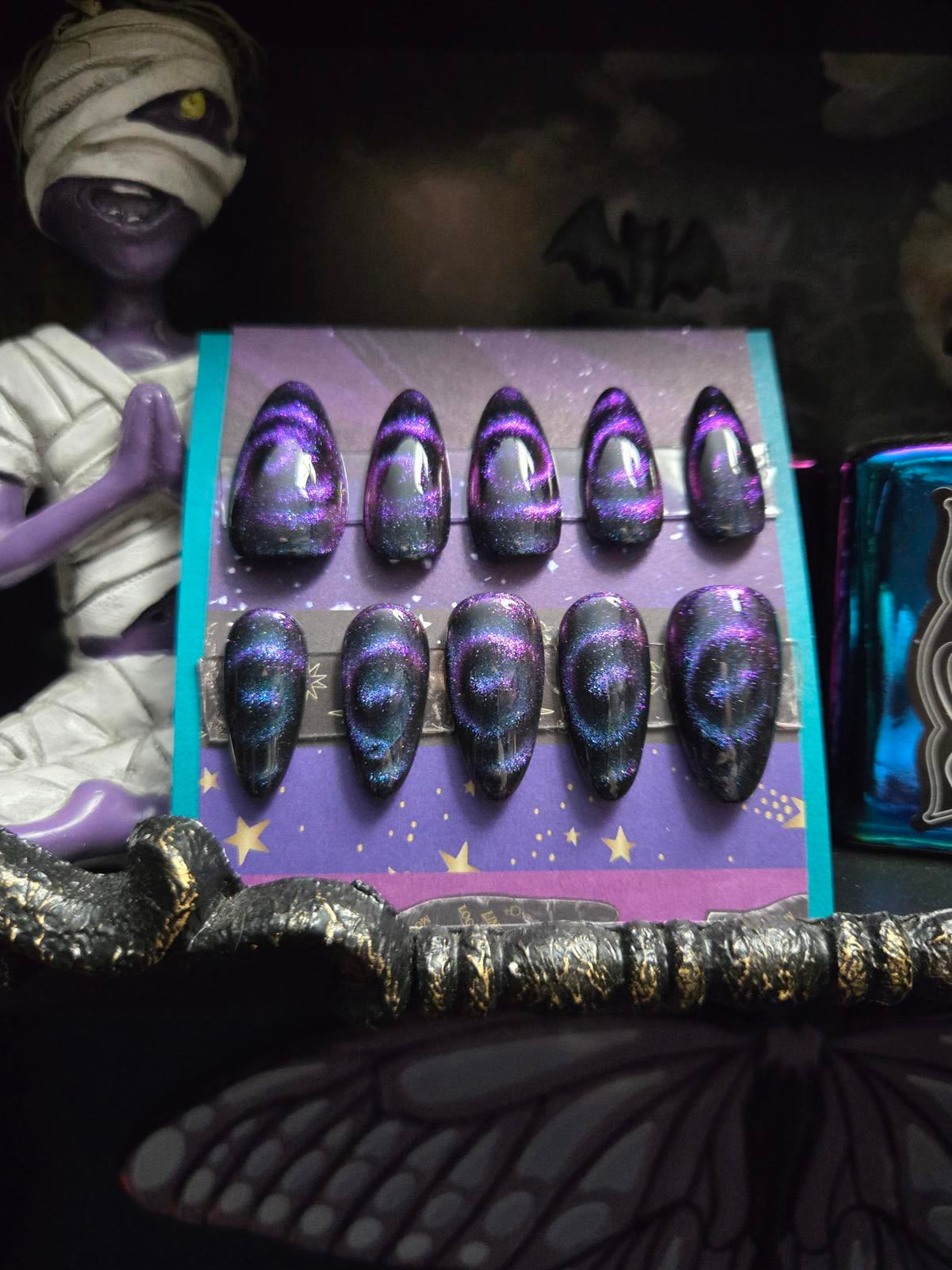 Galaxy swirl cat eye press on nails custom made