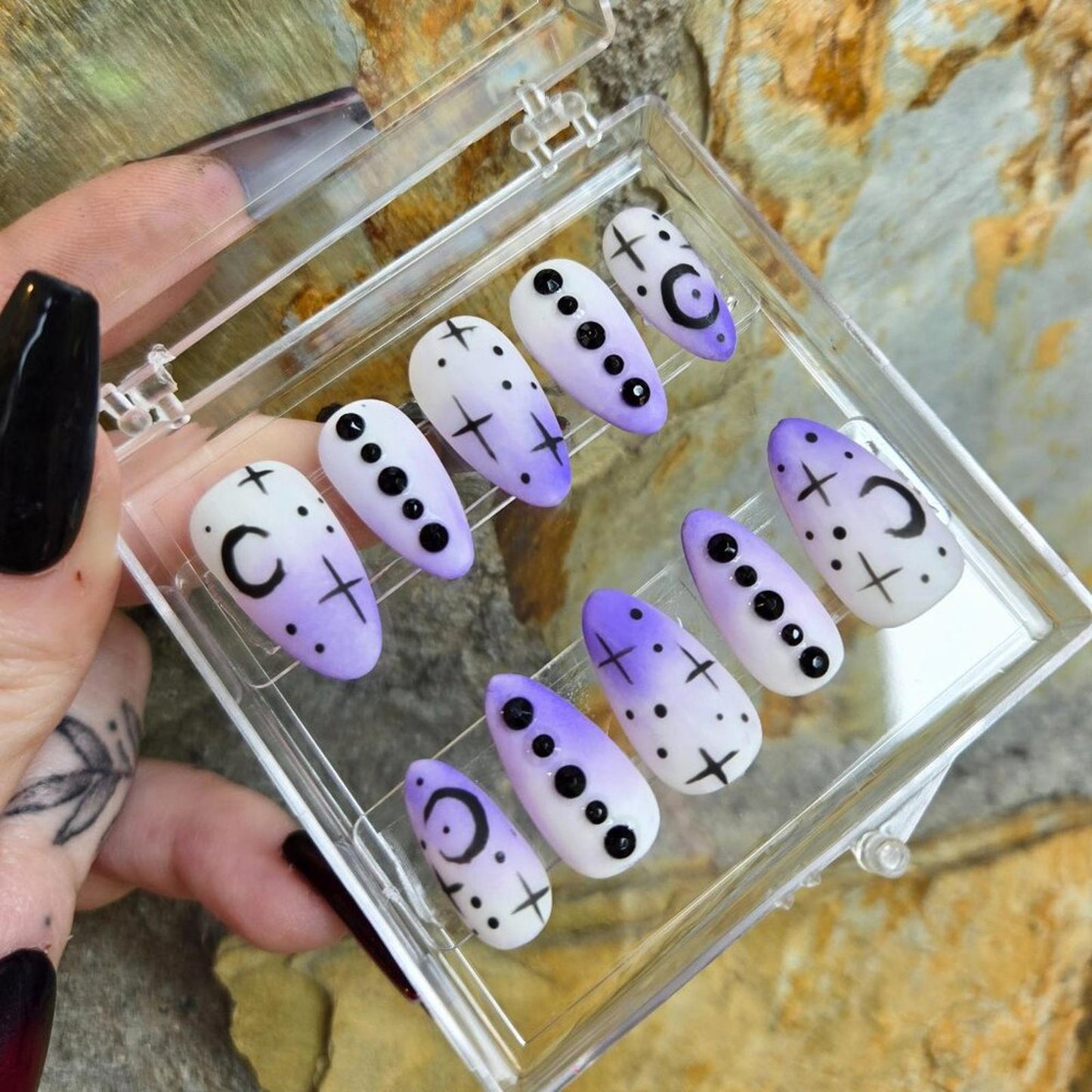 white and purple ombre witchy almond shaped nails custom