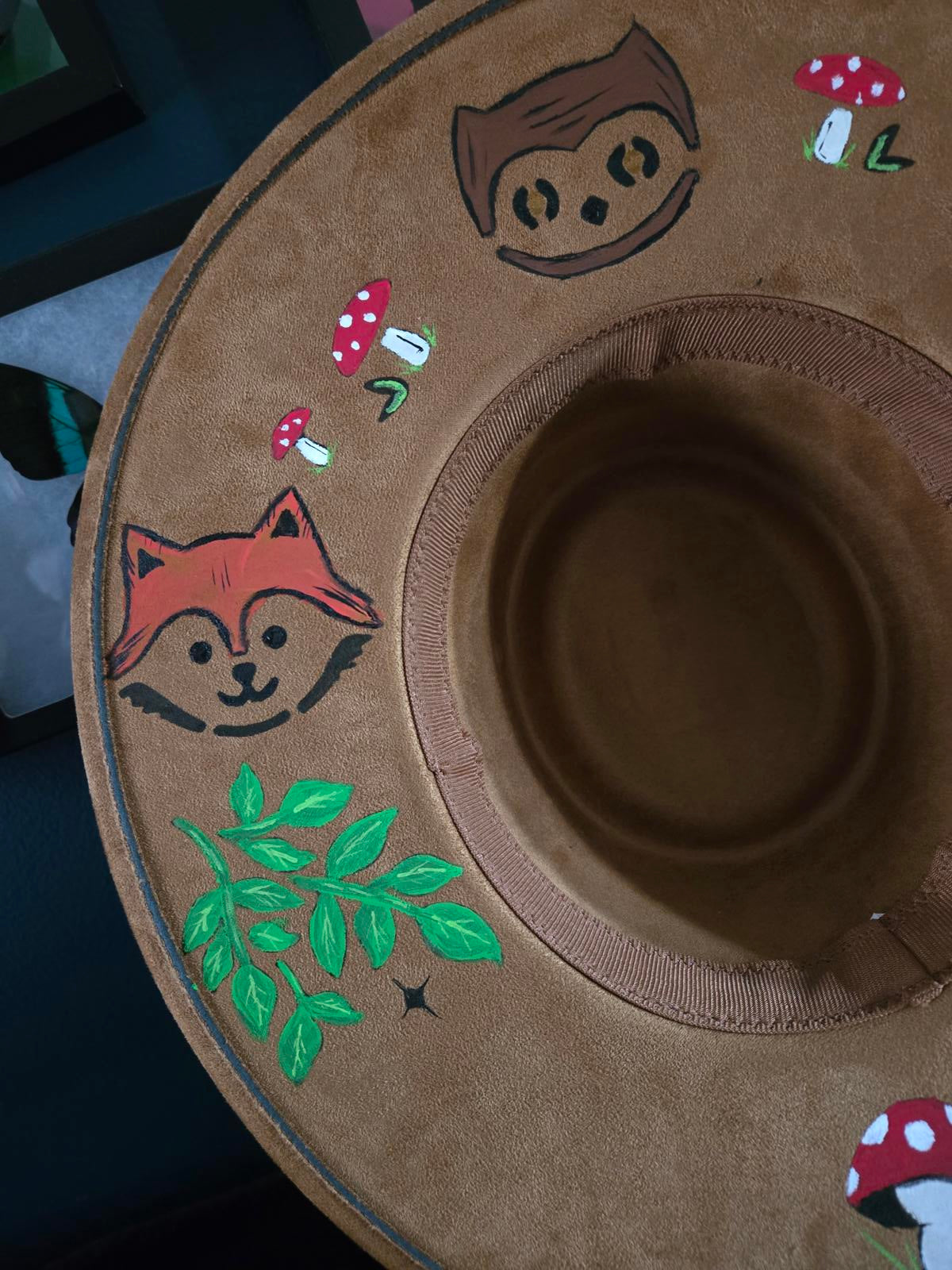Fox owl and mushroom Hand designed wide brim hat