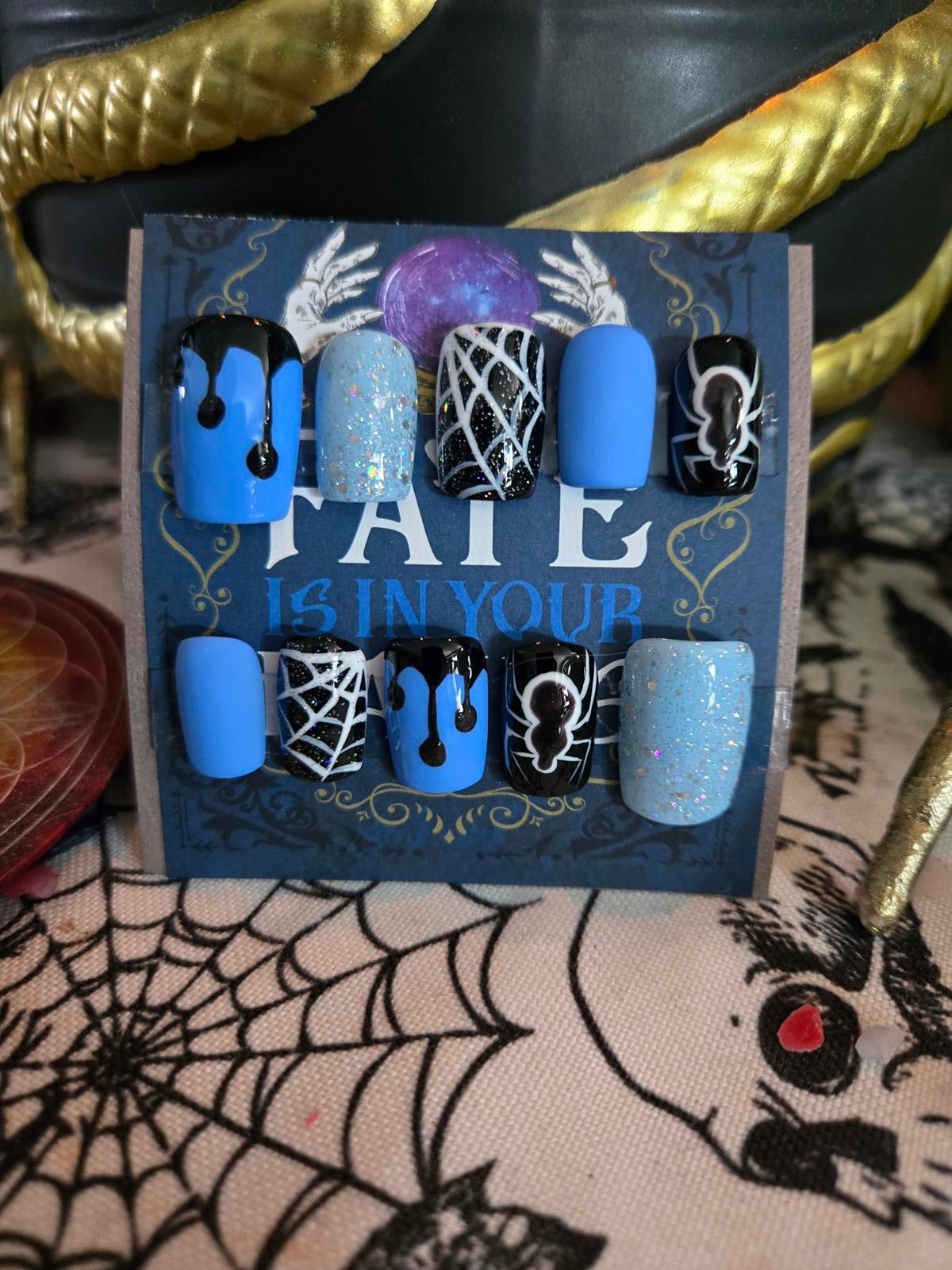 Spooky blue halloween press on nails custom made