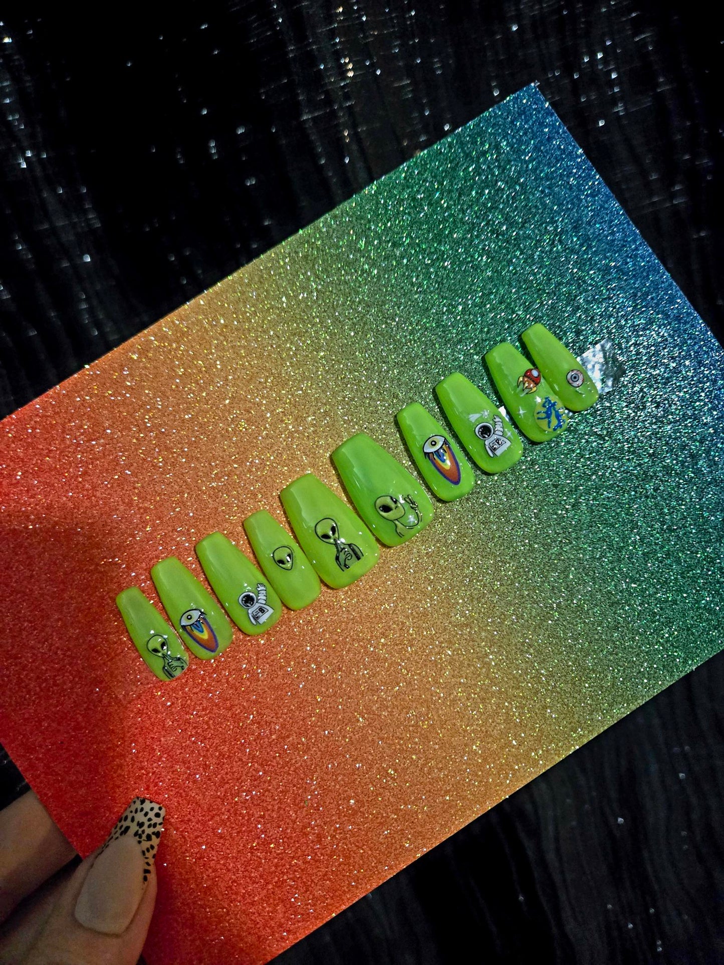 Colorful Alien Press-On Nails handmade made to order