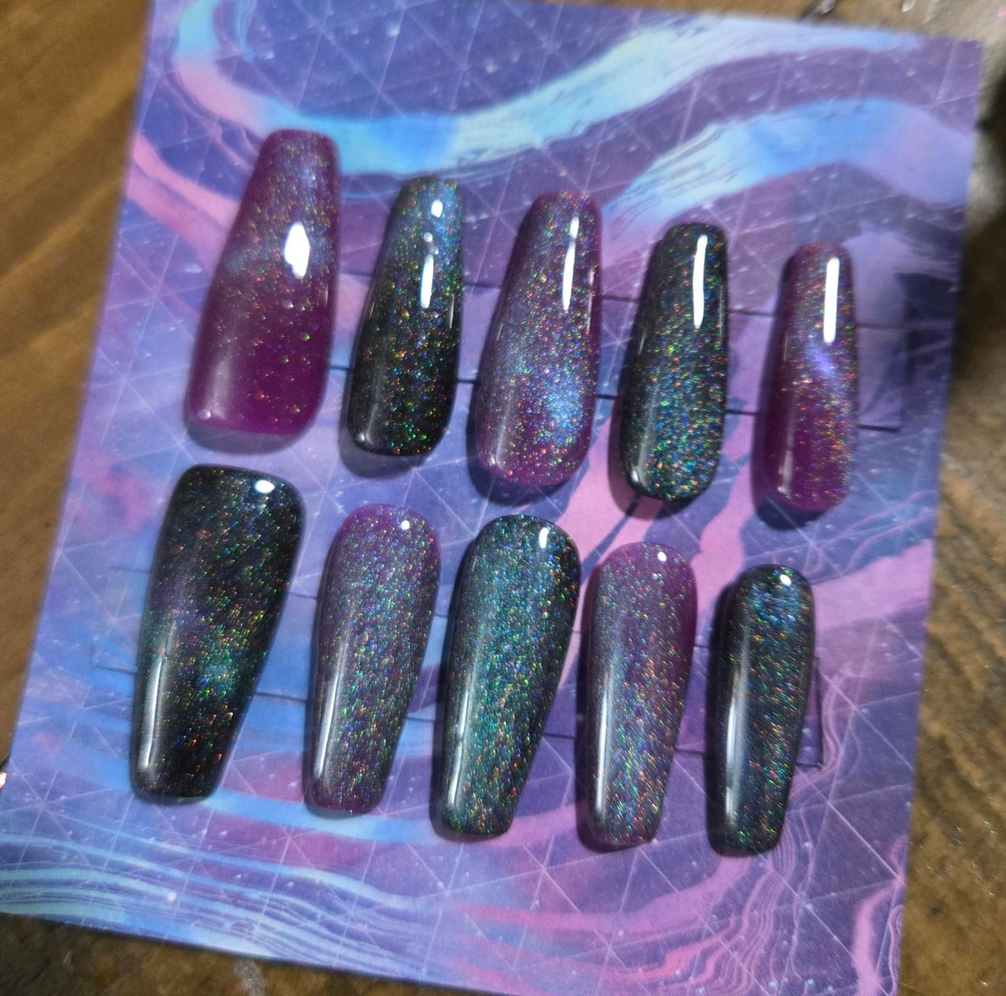 Handmade galaxy cats eye coffin shaped press on nails custom made