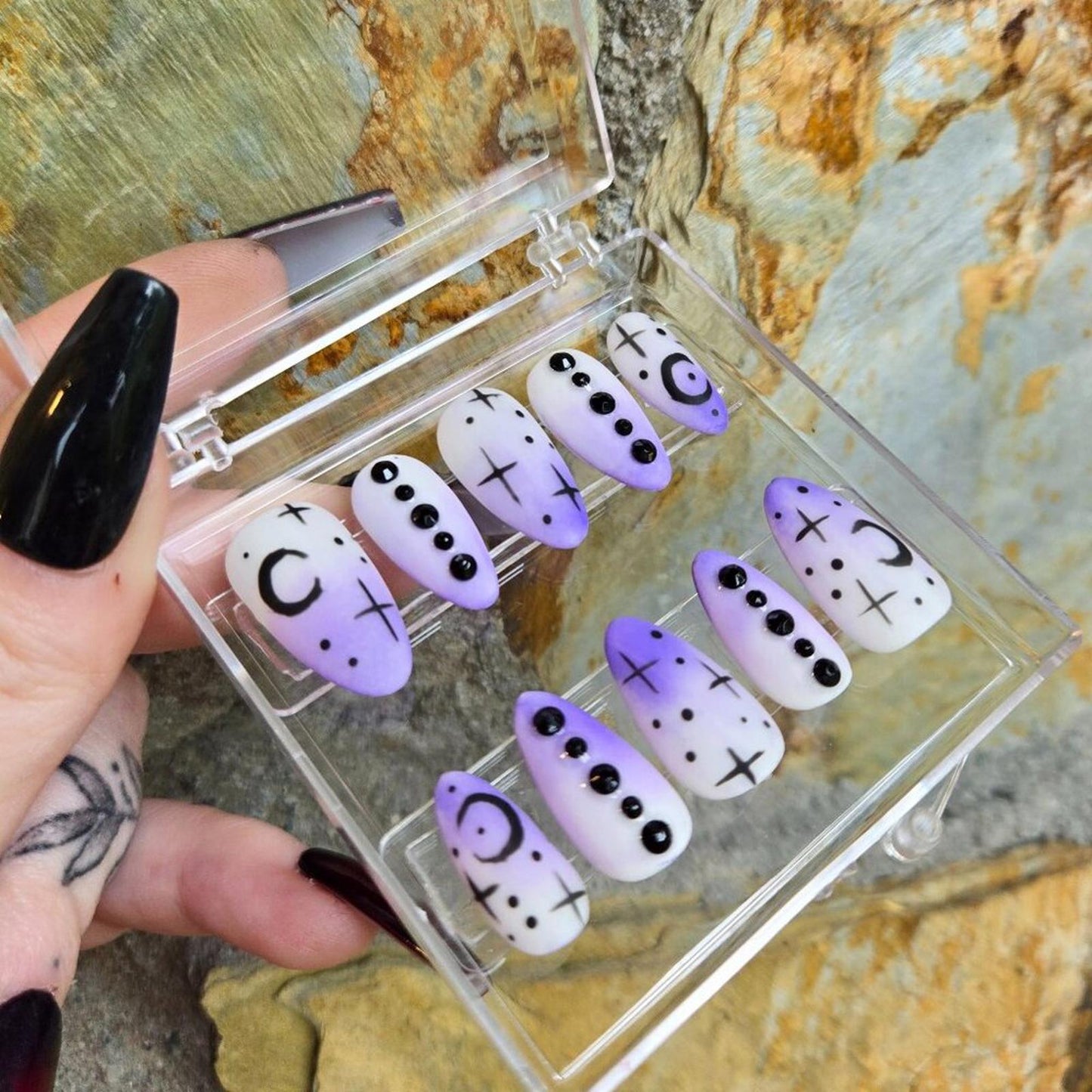 white and purple ombre witchy almond shaped nails custom