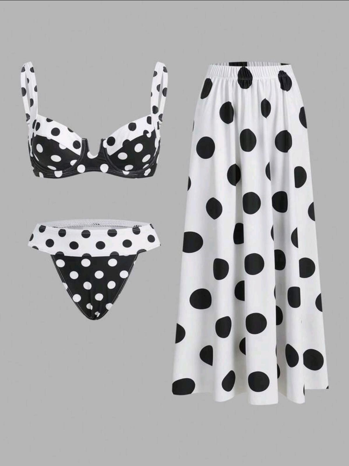 3 piece polka dot bikini and cover up skirt swimsuit set
