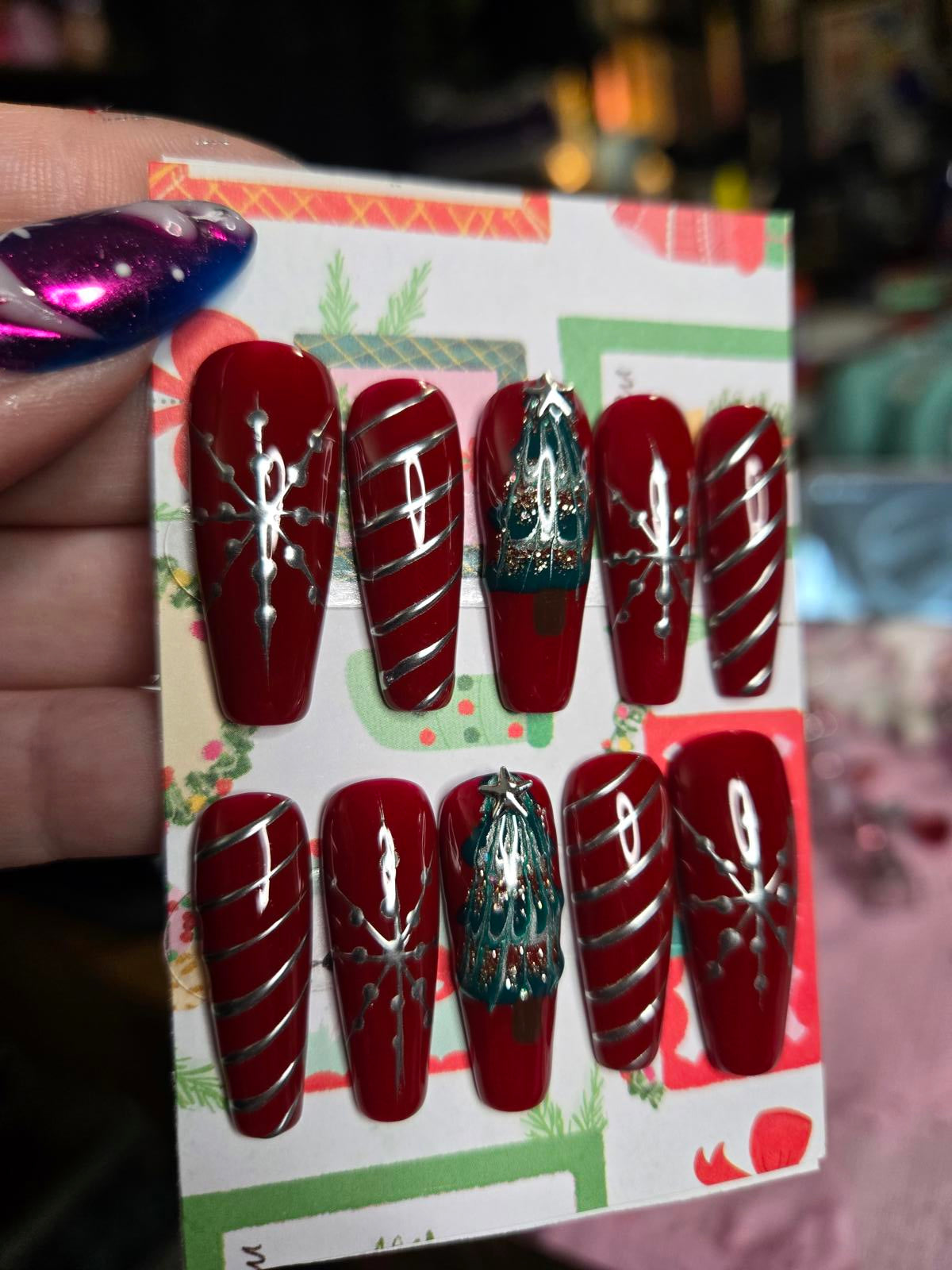 Red and silver christmas press on nails custom made