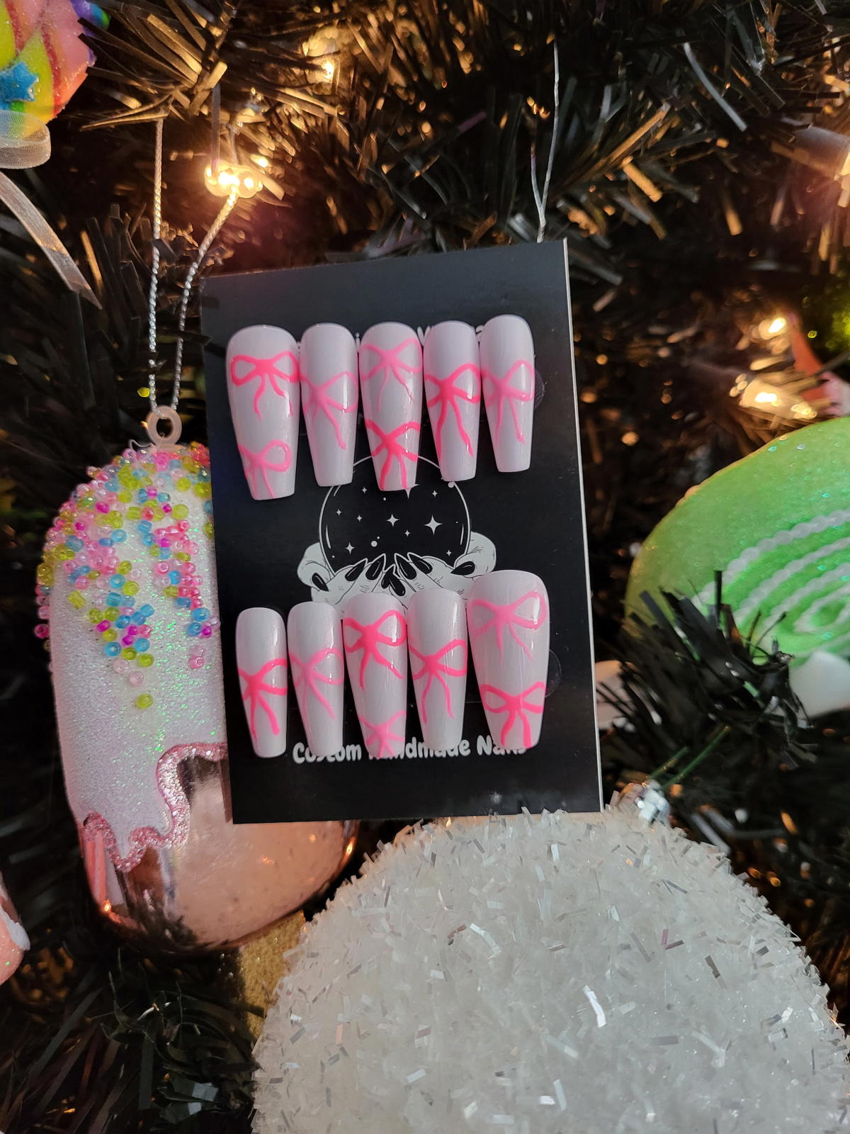 Cute white and pink bows press on nails custom made
