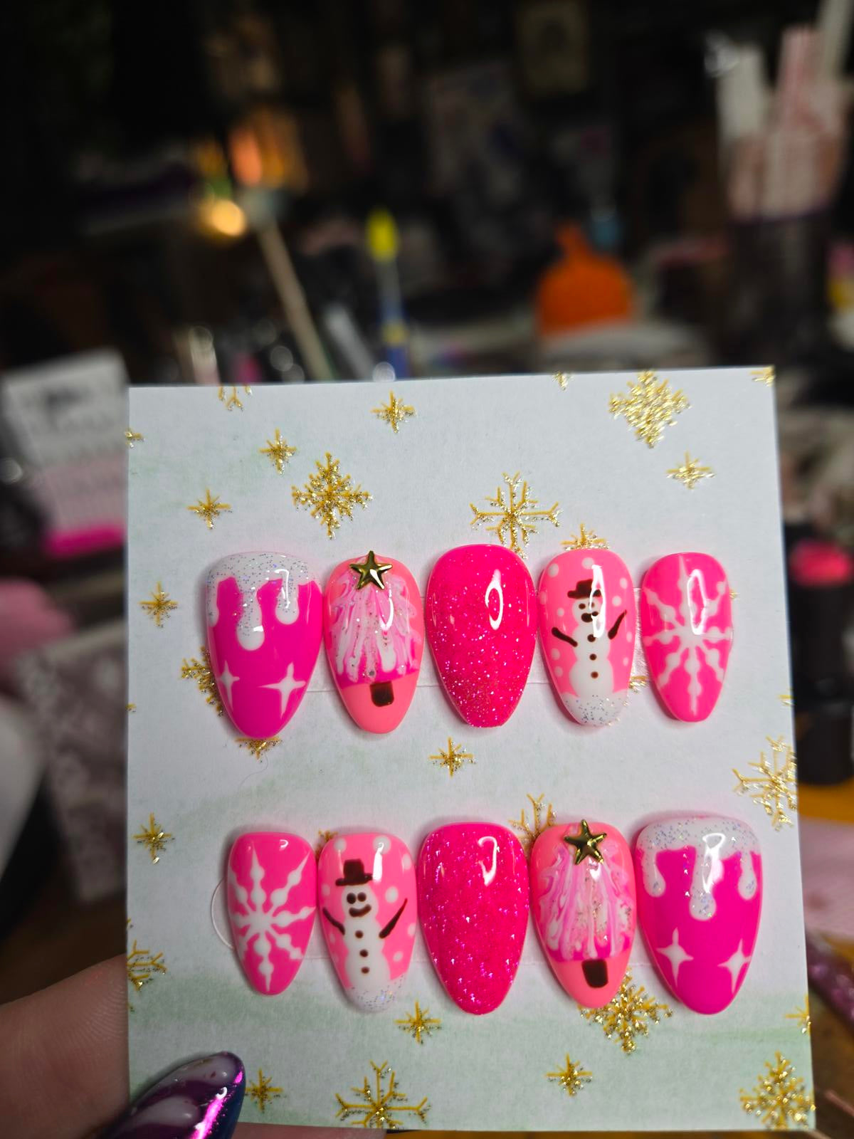 Almond pink Christmas press on nails custom made