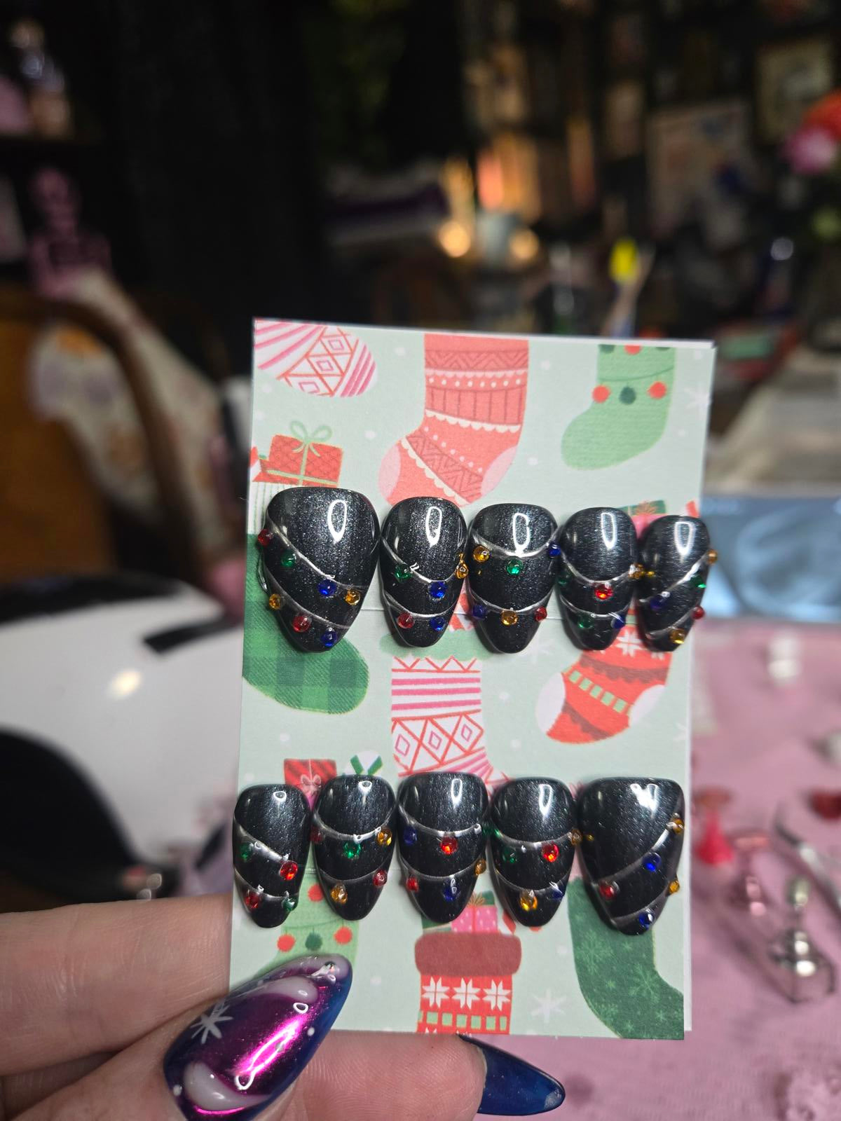 Black glittery christmas lights almond nails custom made