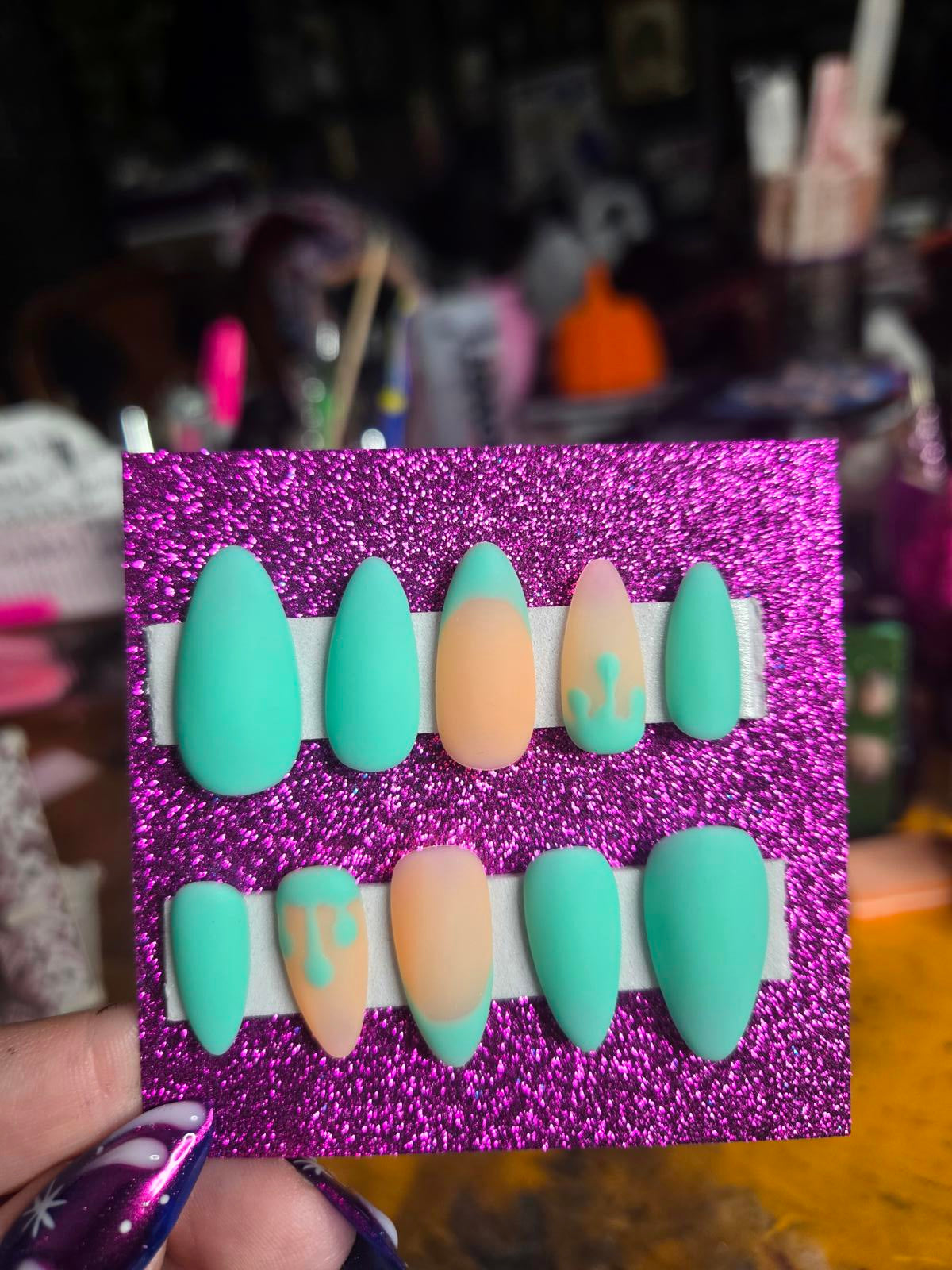 Matte turquoise drippy press on nails custom made