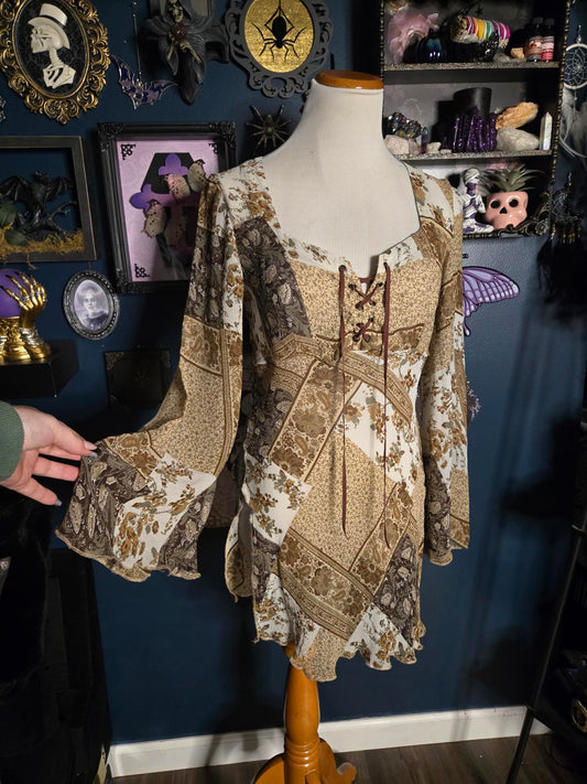 Sheer vtg brown fairycore paisley tunic blouse