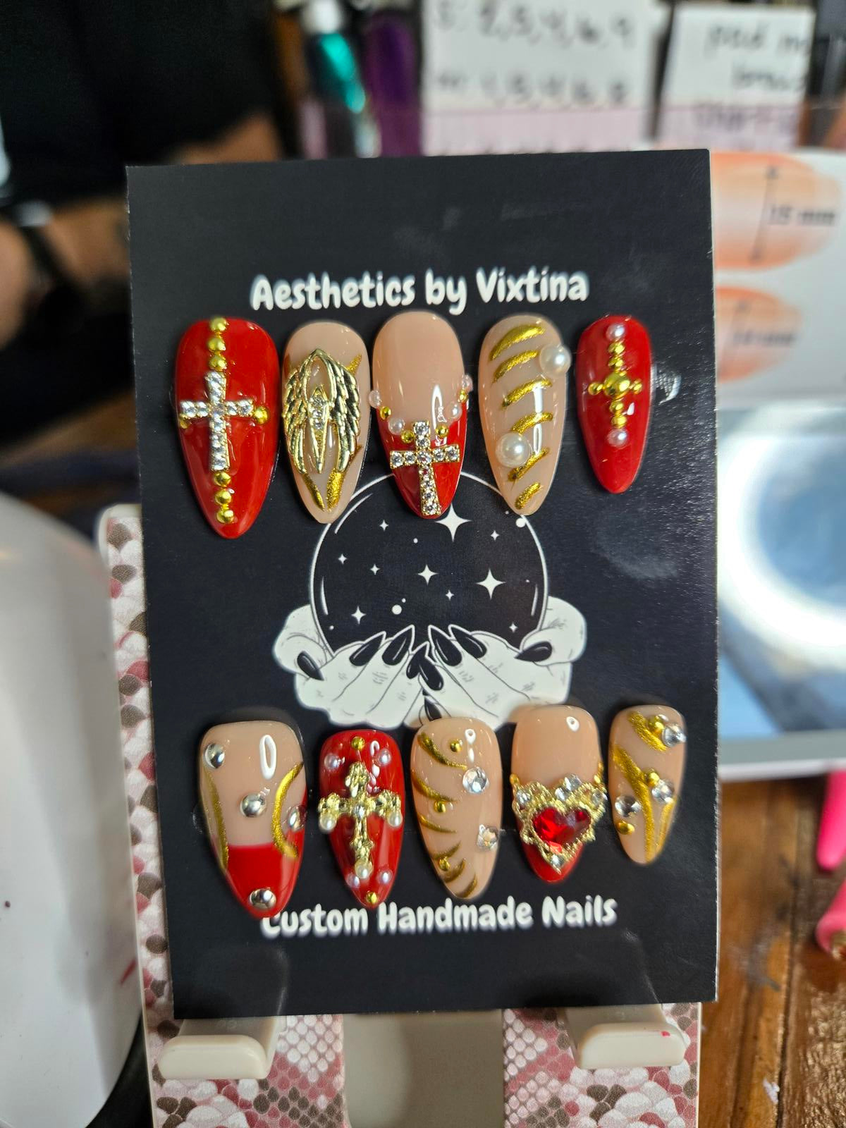 Red and gold renaissance cross nails custom made