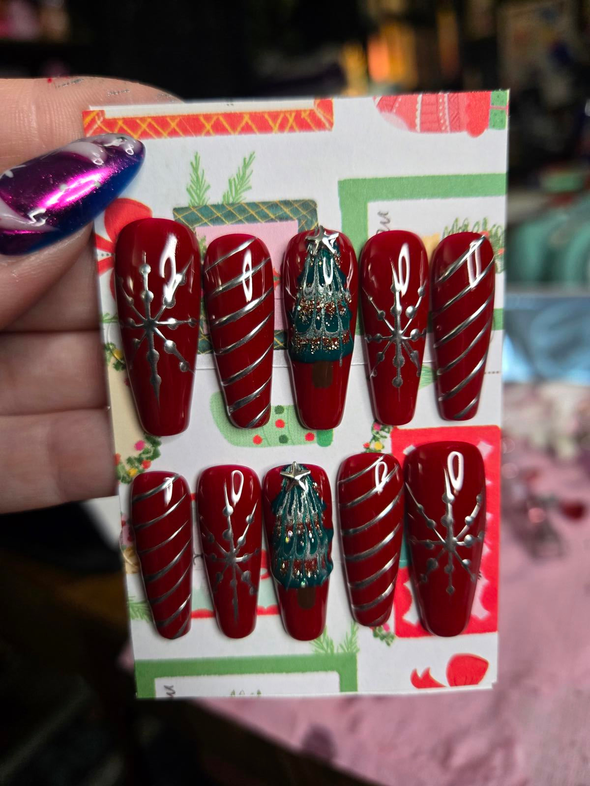 Red and silver christmas press on nails custom made