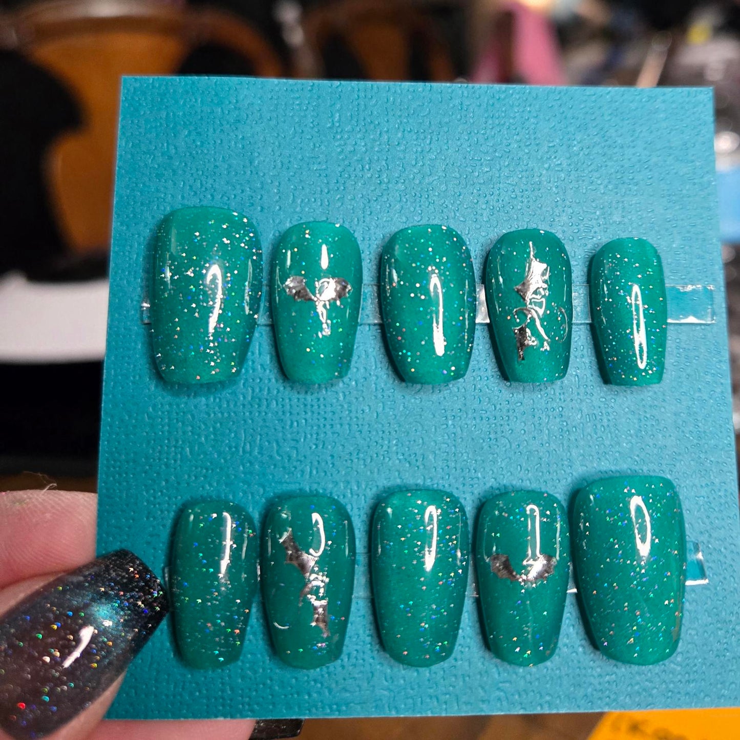 Green glitter dragon decal nails custom made