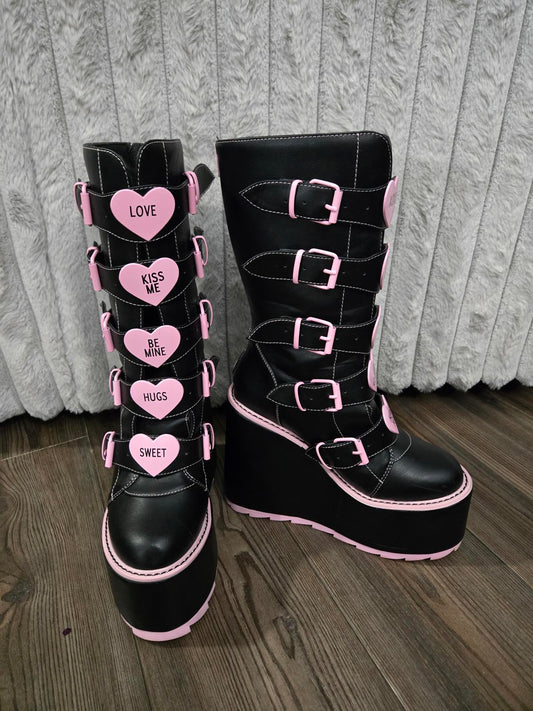 Pastel goth platform boots pink hearts with buckles