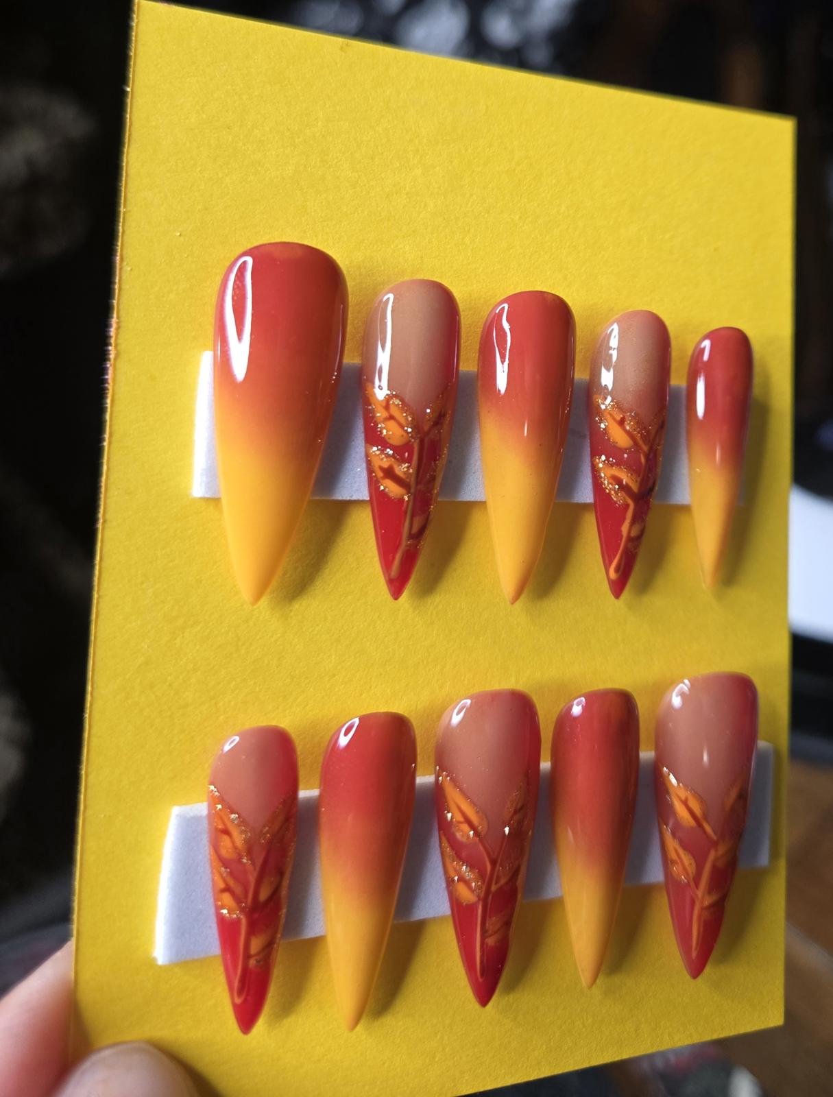Fall ombre leaves press on nails custom made