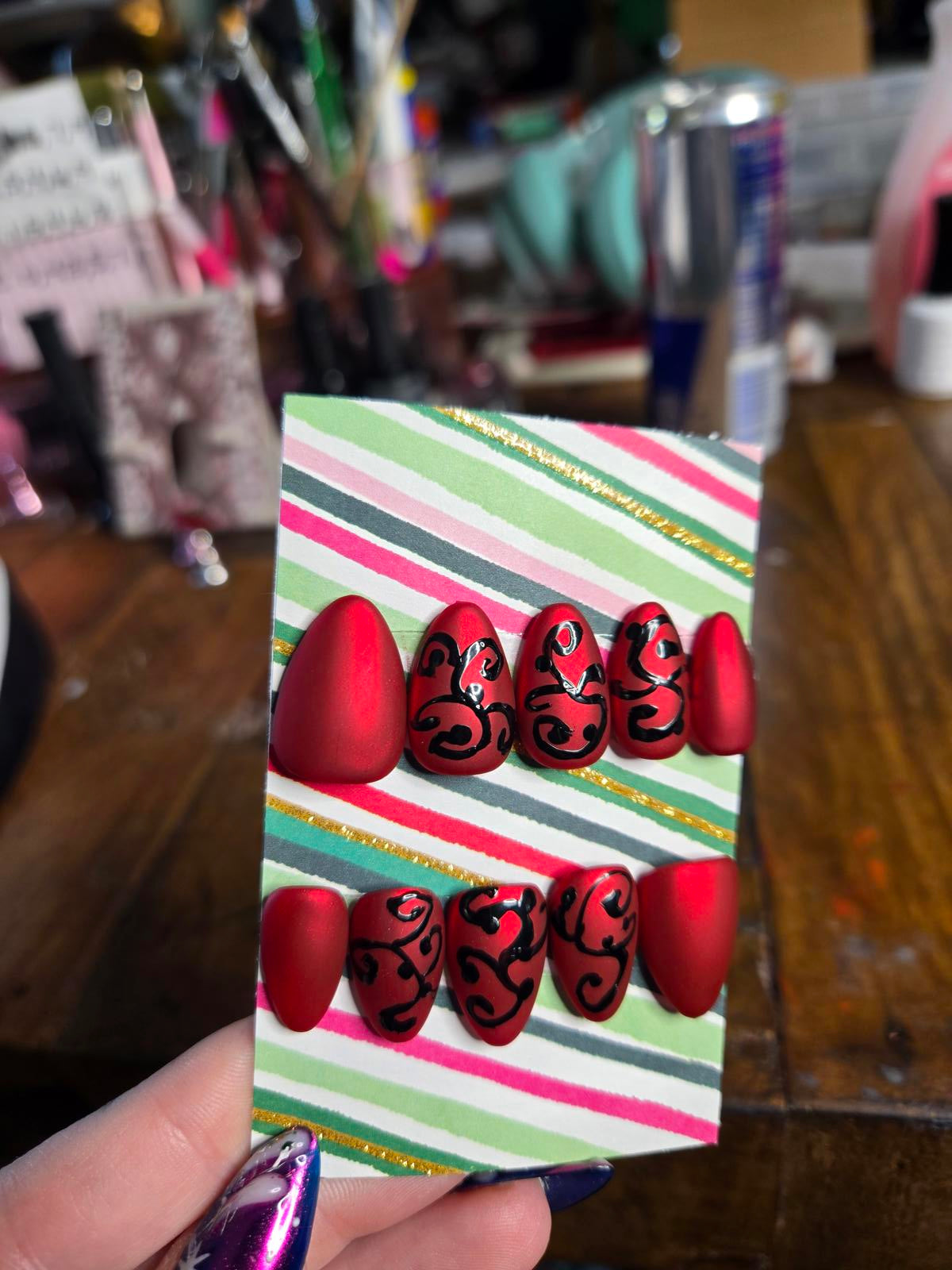 Red matte chrome black design nails custom made