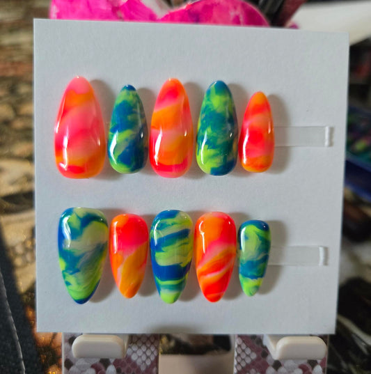 Neon marble almond nails custom made