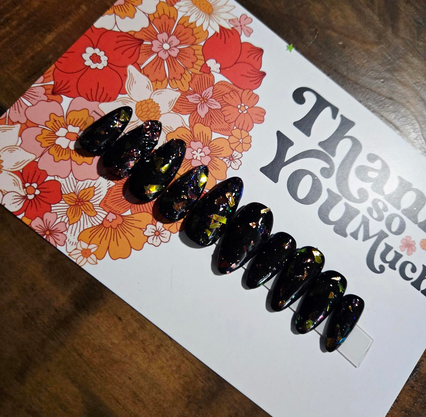 Almond broken glass flakes black press on nails