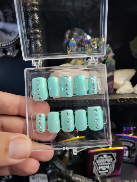 seafoam green bling nails custom made
