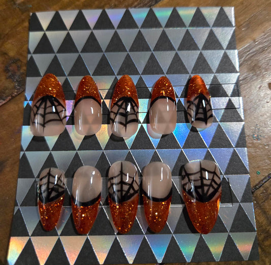 Almond orange glitter french tip with spiderwebs press on nails custom made