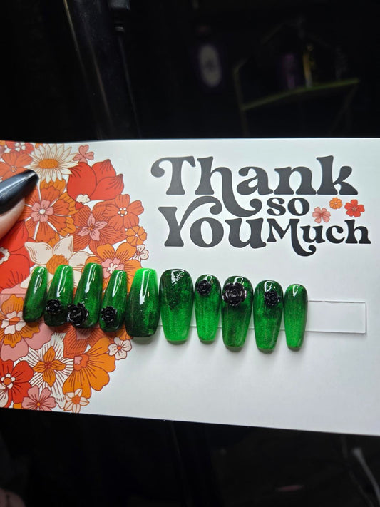 Distressed green and black rose handmade press on nails