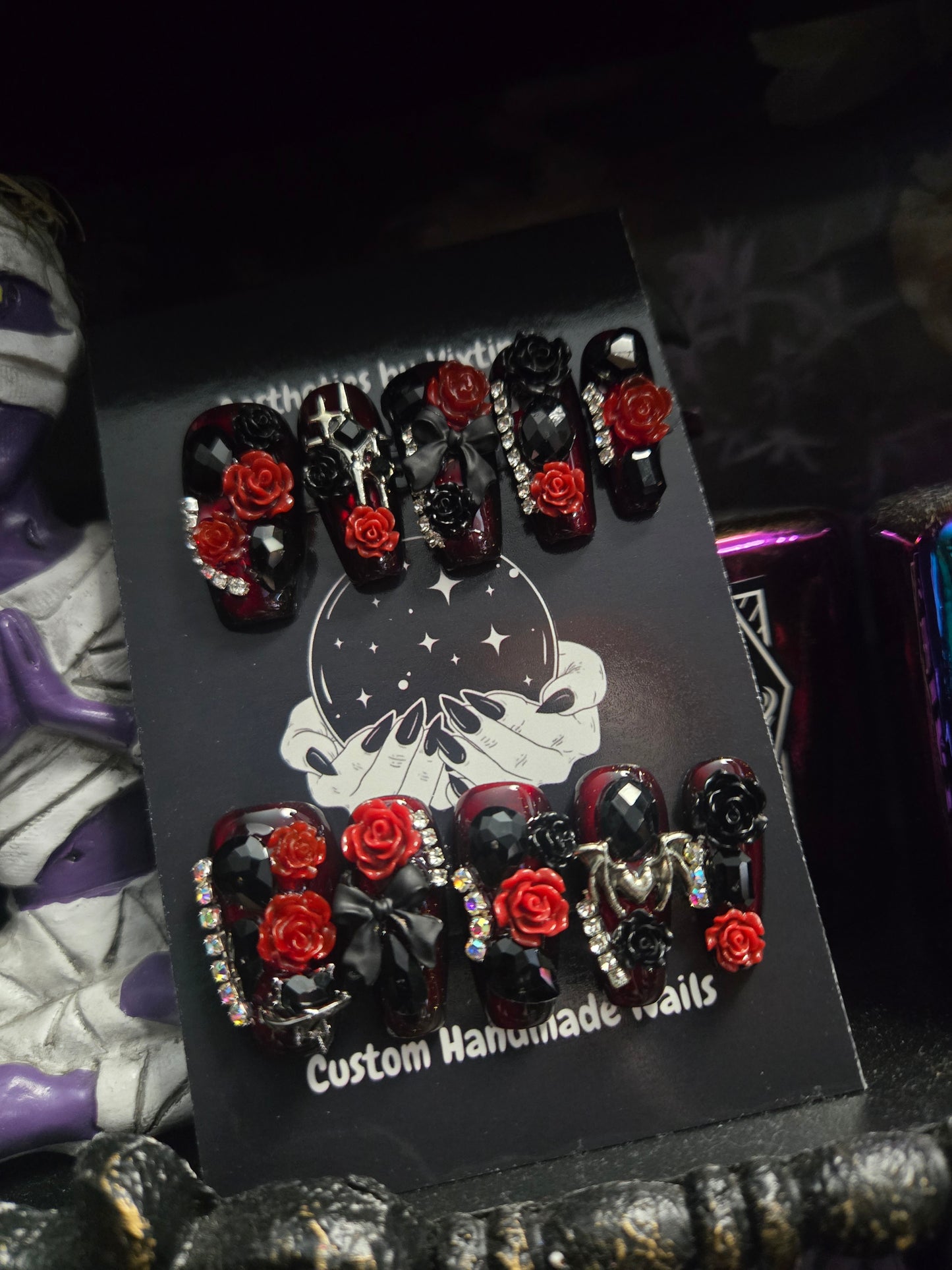 Gothic glam 3d roses cat eye nail