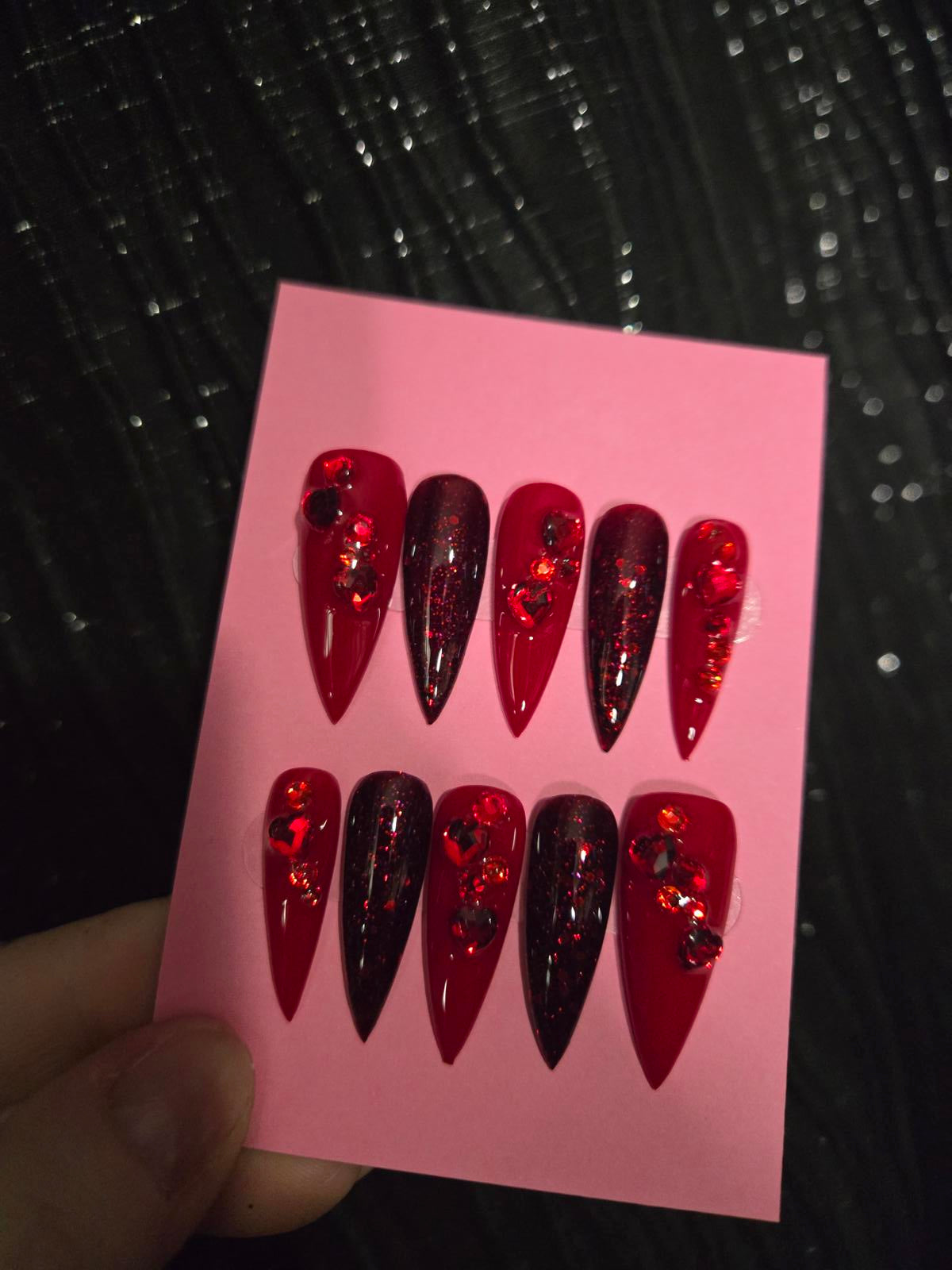 Long red stiletto nails custom made roses and bling