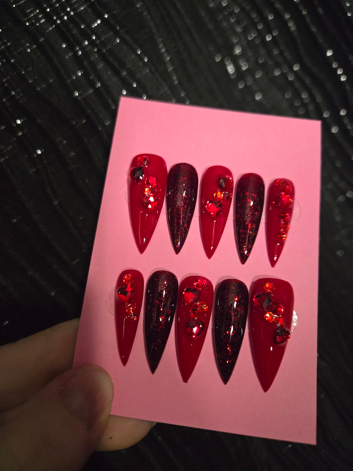 Long red stiletto nails custom made roses and bling