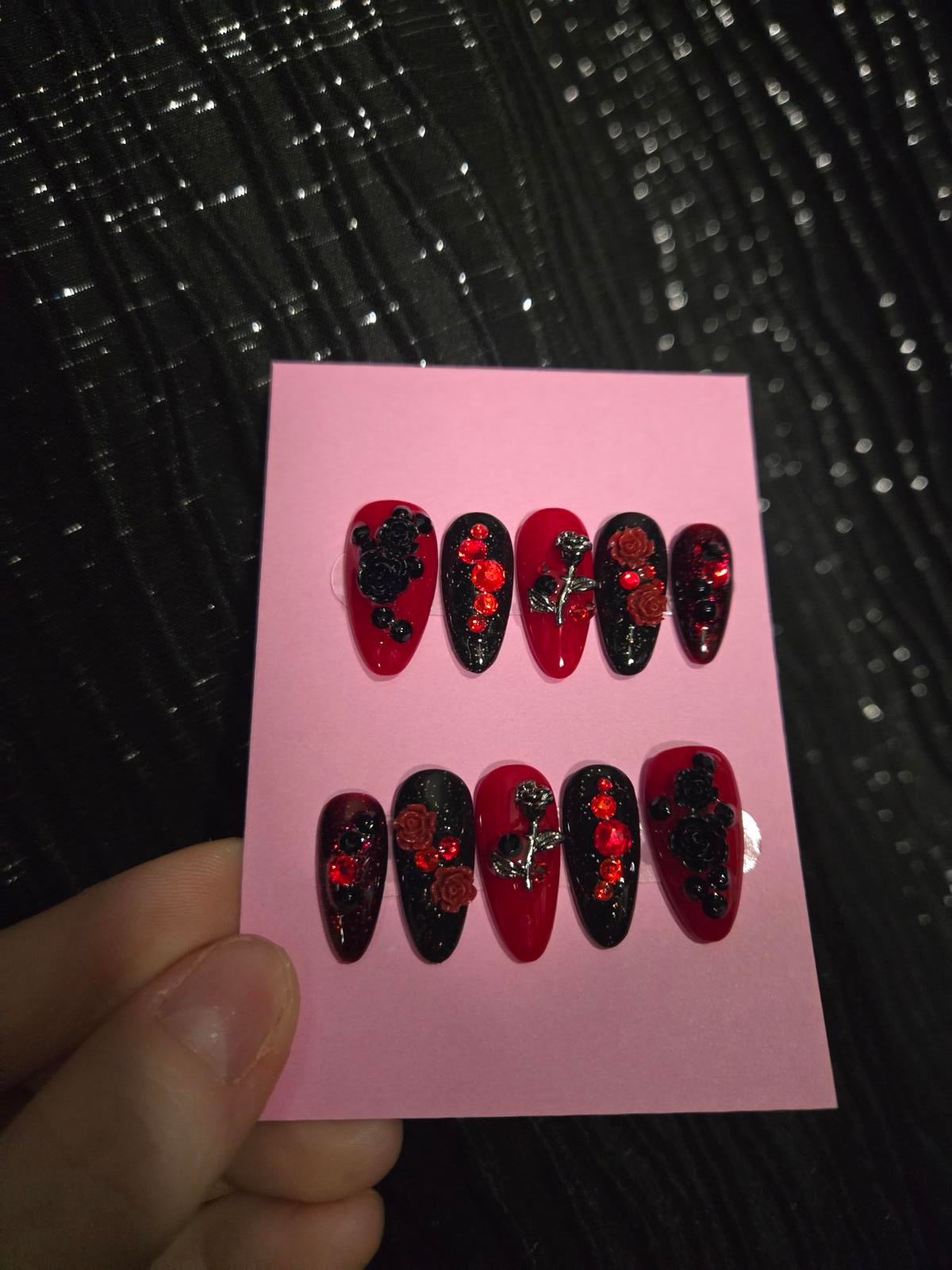 Black and red roses and bling nails custom made