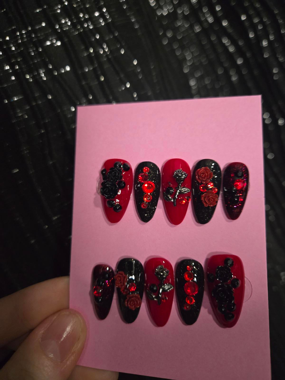 Black and red roses and bling nails custom made