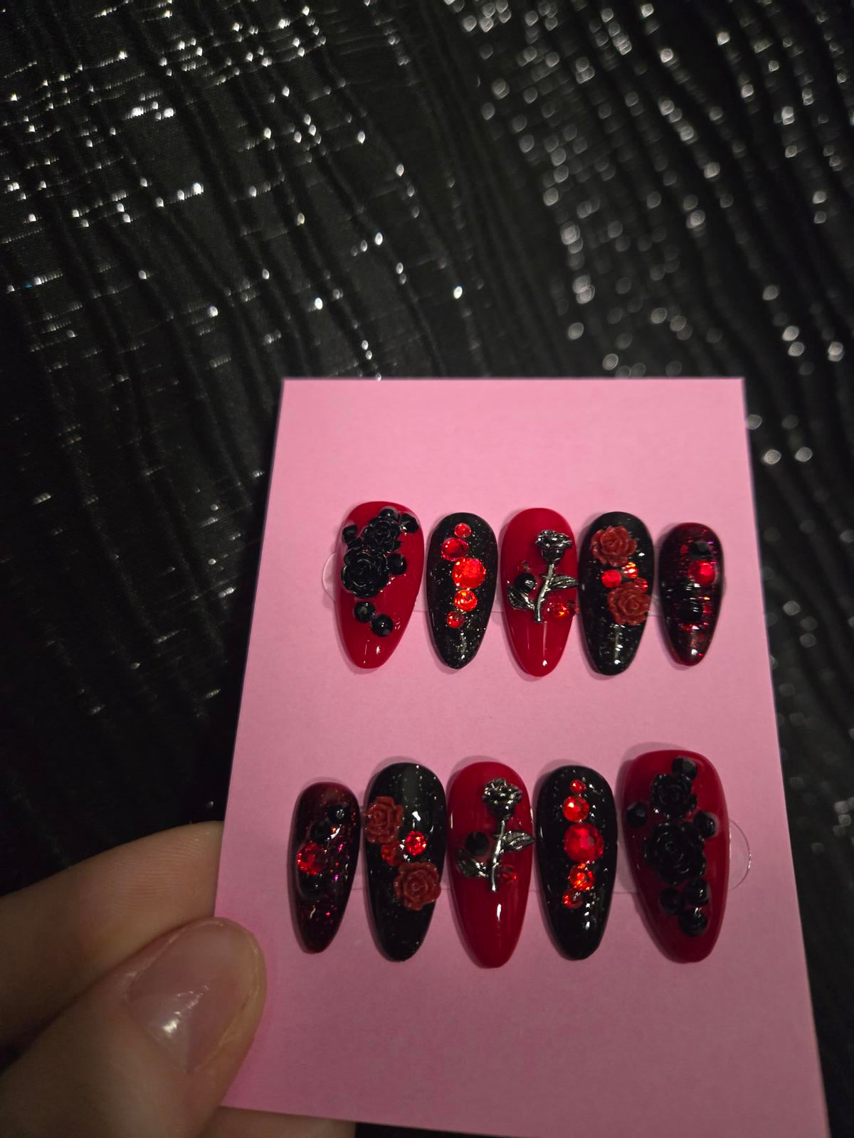 Black and red roses and bling nails custom made