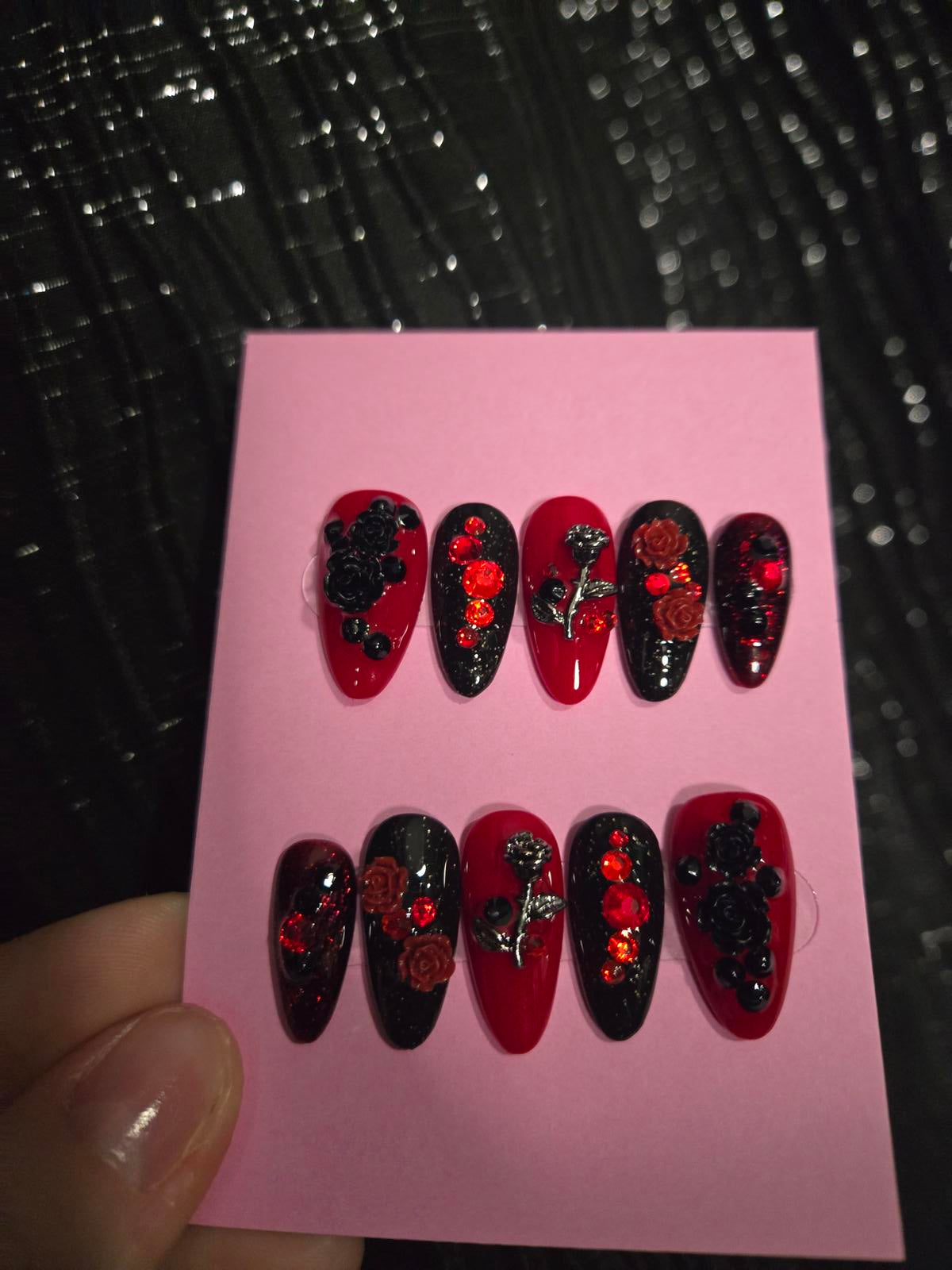 Black and red roses and bling nails custom made