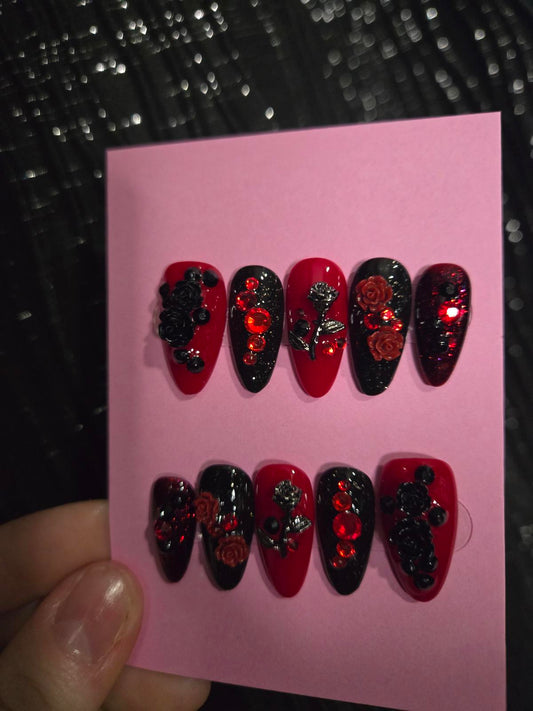 Black and red roses and bling nails custom made