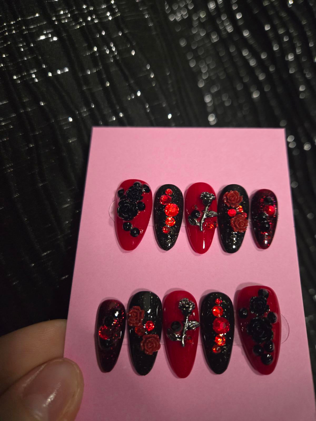 Black and red roses and bling nails custom made