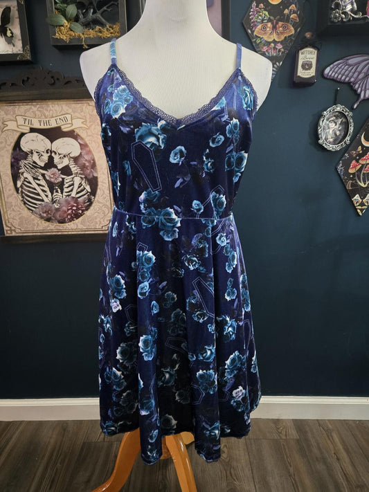 Gothic Hot topic blue velvet dress with coffins and roses
