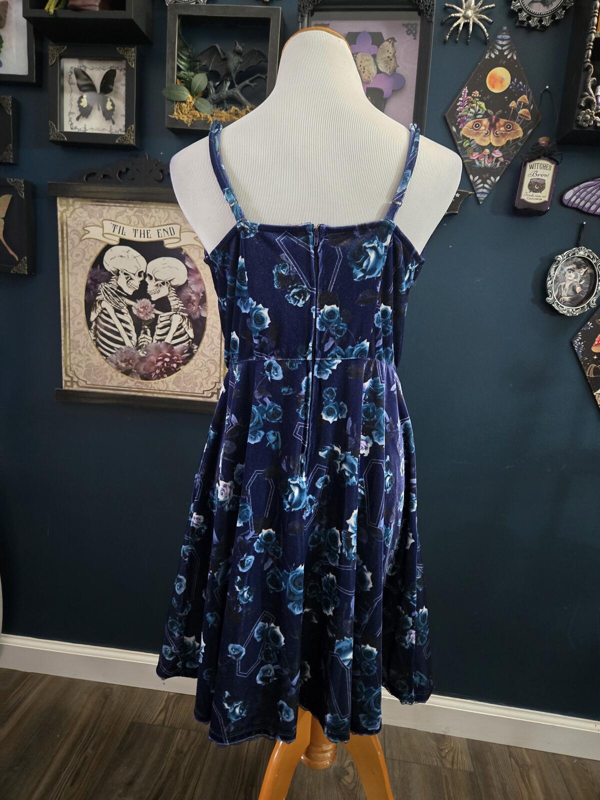 Gothic Hot topic blue velvet dress with coffins and roses