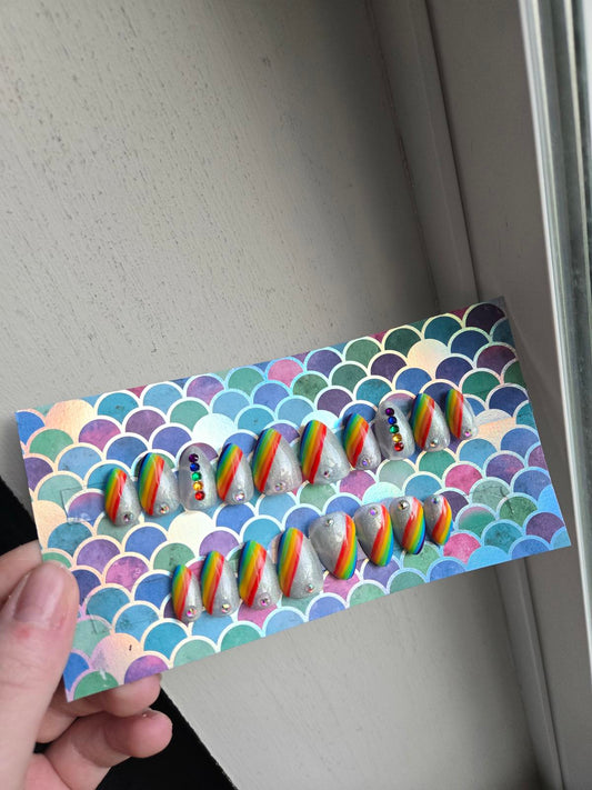 Almond shaped pride rainbow press on nails custom made