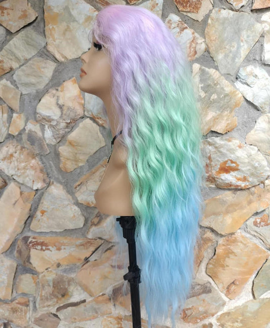 New long wavy pastel rainbow lace front wig