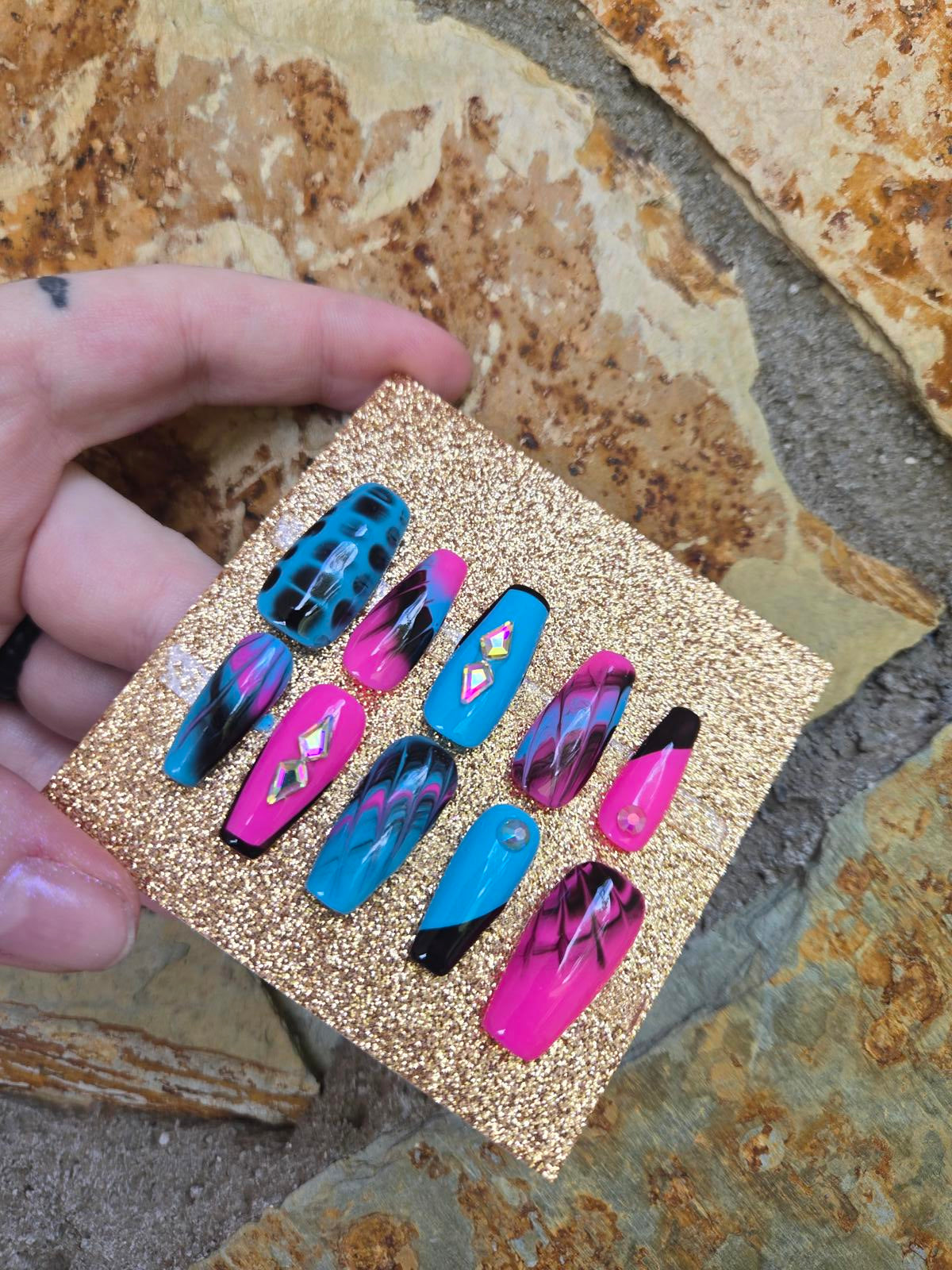 80s tie dye press on nails custom made