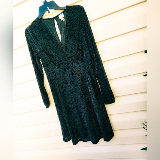 Velour dark green long sleeve flocked dress