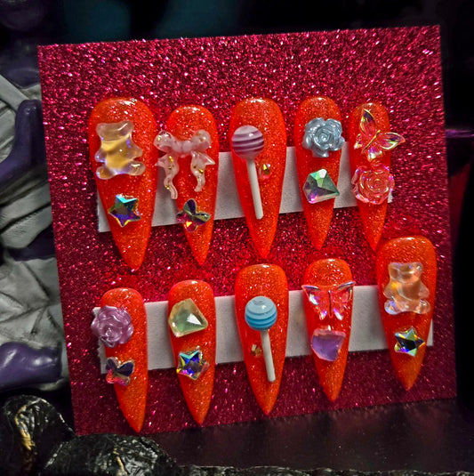 Glittery stiletto junk candy press on nails custom made