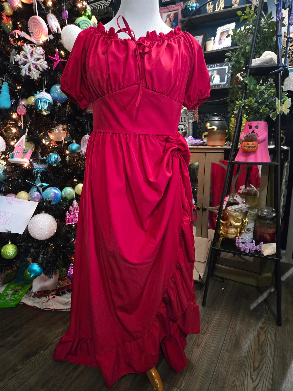 Red milkmaid bustled maxi dress