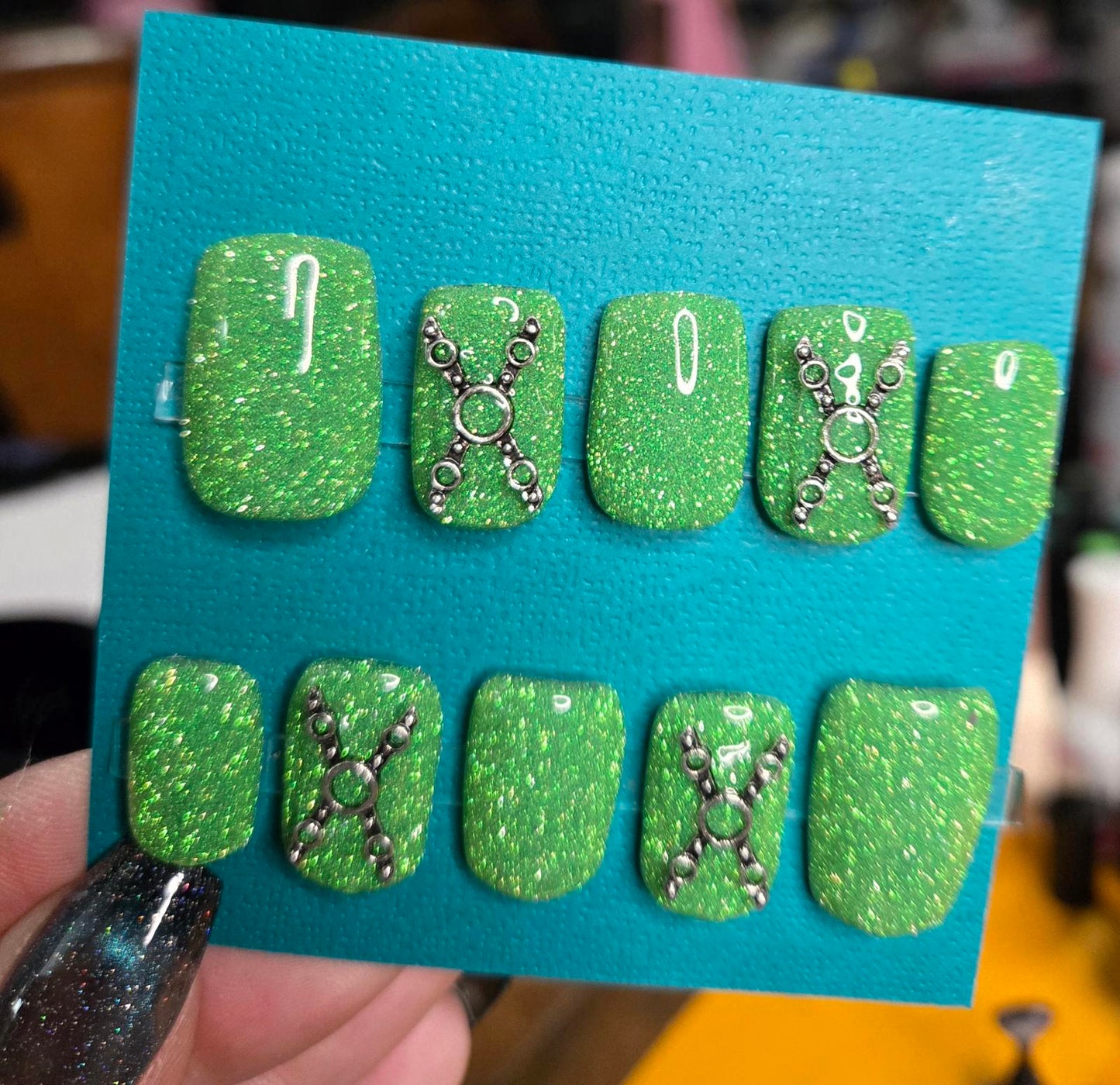 Green reflective glitter bondage nails custom made