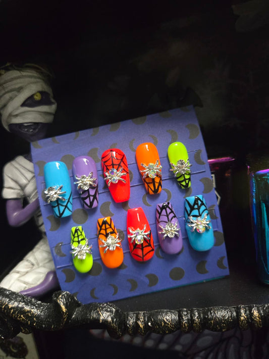 Neon spiderwebs spider charm press on Halloween nails custom made