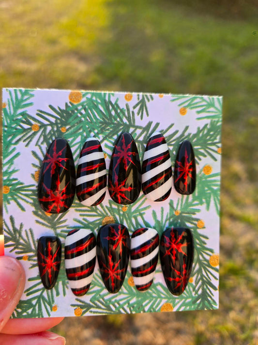 Black white and red Christmas chrome snowflake nails custom made