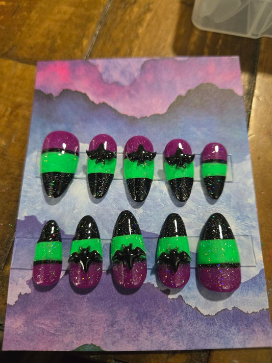 Halloween candy corn bats almond press on nails custom made