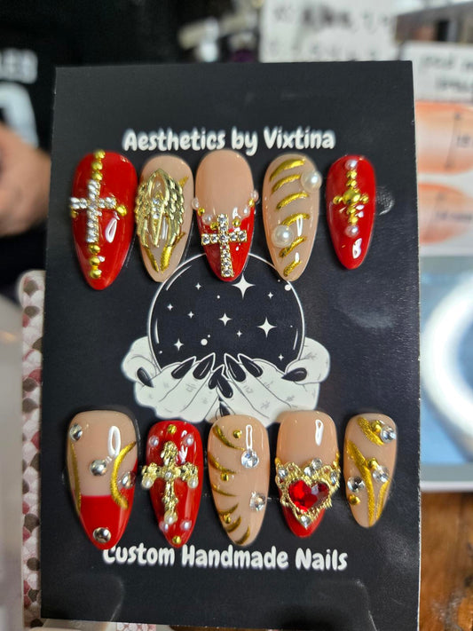 Red and gold renaissance cross nails custom made