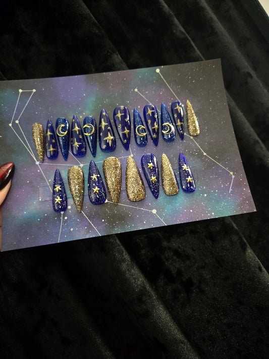 Blue and gold stiletto celestial press on nails custom made